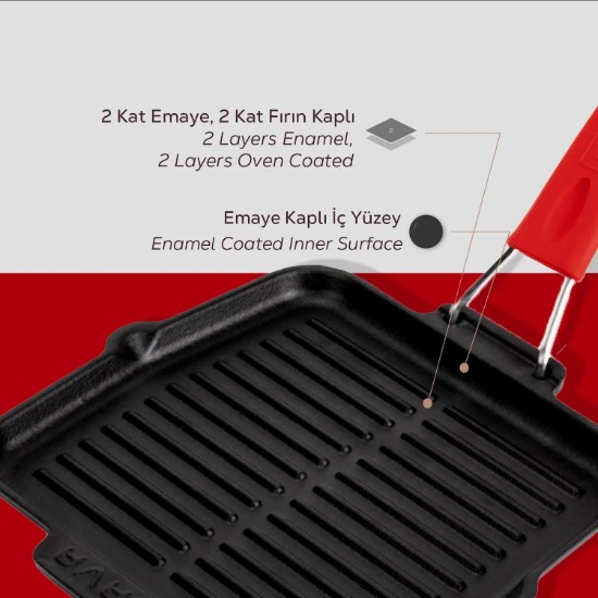 Tigaie grill, fonta, 21 x 21 cm, maner Rosu  - LAVA