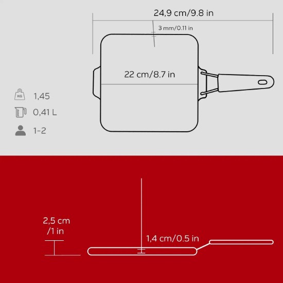Tigaie grill, fonta, 21 x 21 cm, maner Rosu  - LAVA