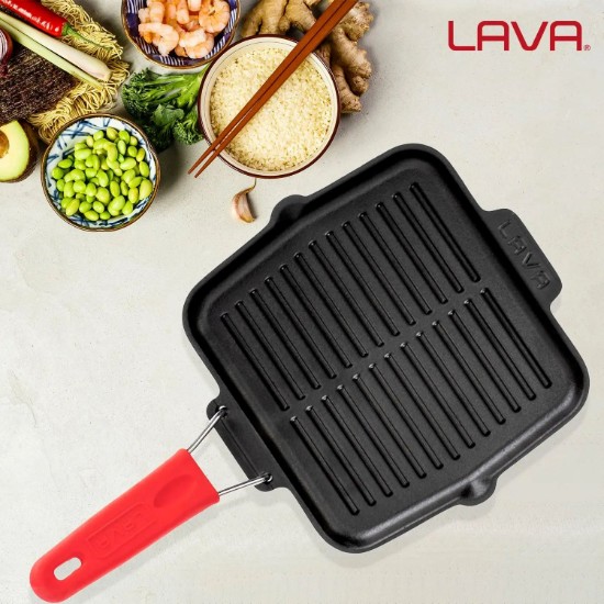 Tigaie grill, fonta, 21 x 21 cm, maner Rosu  - LAVA