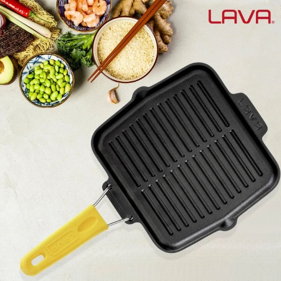 Tigaie grill, fonta, 21 x 21 cm, maner Galben - LAVA