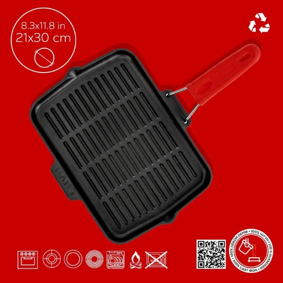 Tigaie grill, fonta, 30 x 21 cm, maner Rosu - LAVA