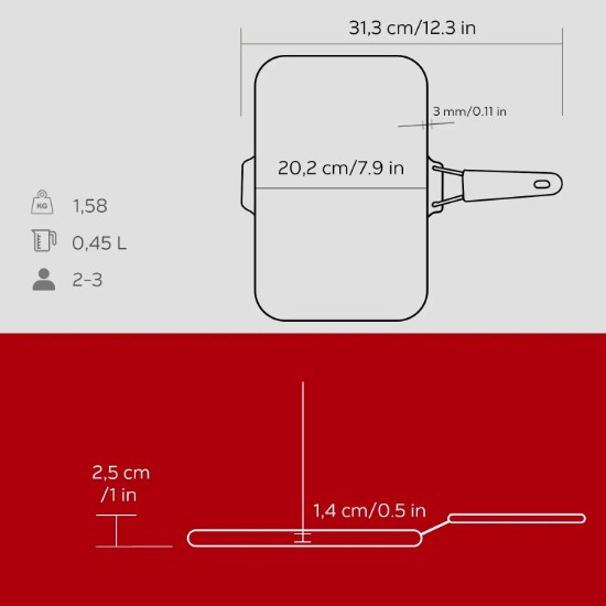 Tigaie grill, fonta, 21x30cm, maner Rosu - LAVA