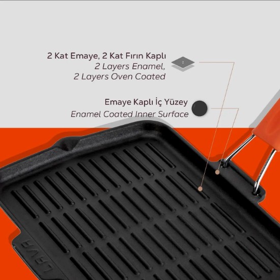 Tigaie grill, fonta, 21x30 cm, maner Portocaliu - LAVA