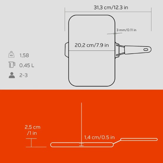 Tigaie grill, fonta, 21x30 cm, maner Portocaliu - LAVA