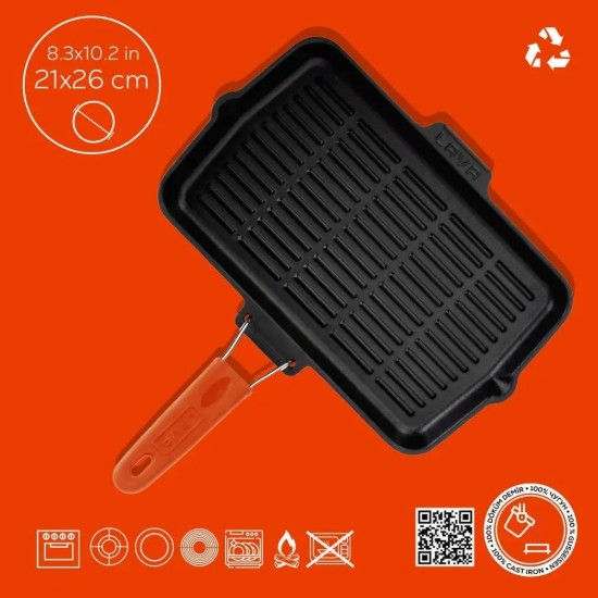 Tigaie grill, fonta, 21x36 cm, maner Portocaliu - LAVA