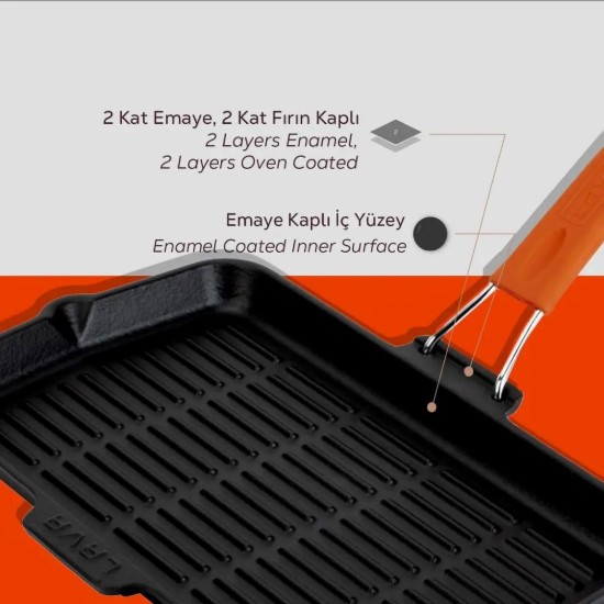 Tigaie grill, fonta, 21x36 cm, maner Portocaliu - LAVA