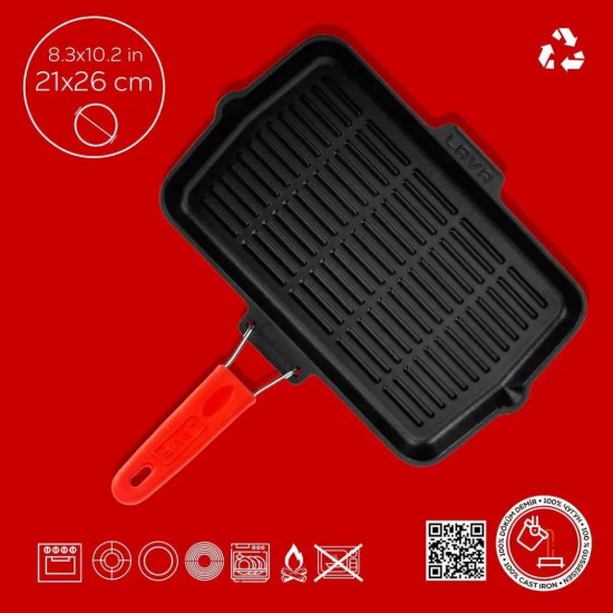 Tigaie grill, fonta, 36 x 21 cm, maner Rosu - LAVA