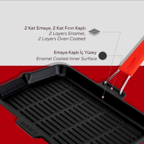 Tigaie grill, fonta, 36 x 21 cm, maner Rosu - LAVA
