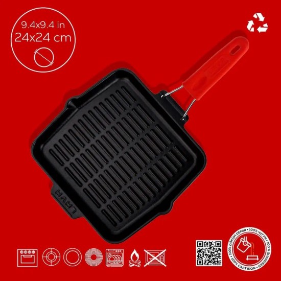 Tigaie grill patrata, fonta, 24 x 24 cm, maner Rosu - LAVA