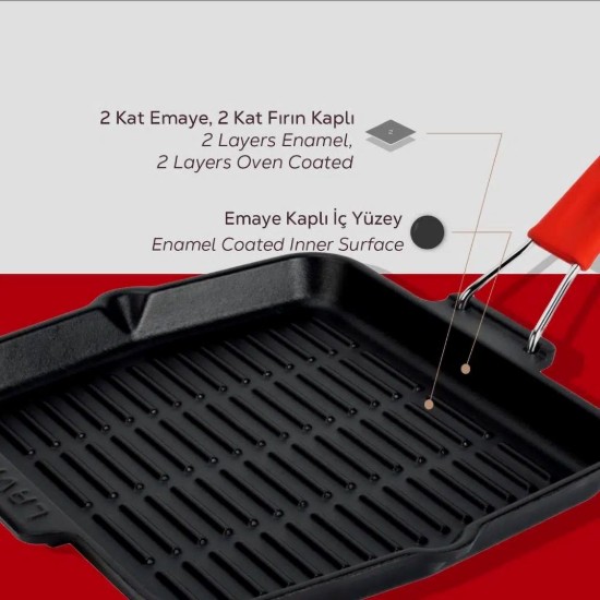 Tigaie grill patrata, fonta, 24 x 24 cm, maner Rosu - LAVA