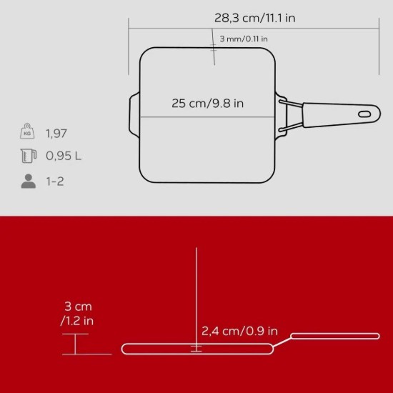 Tigaie gril patrata, fonta, 24 x 24 cm, maner Rosu - LAVA