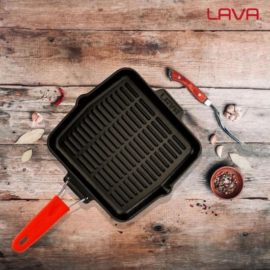Tigaie gril patrata, fonta, 24 x 24 cm, maner Rosu - LAVA