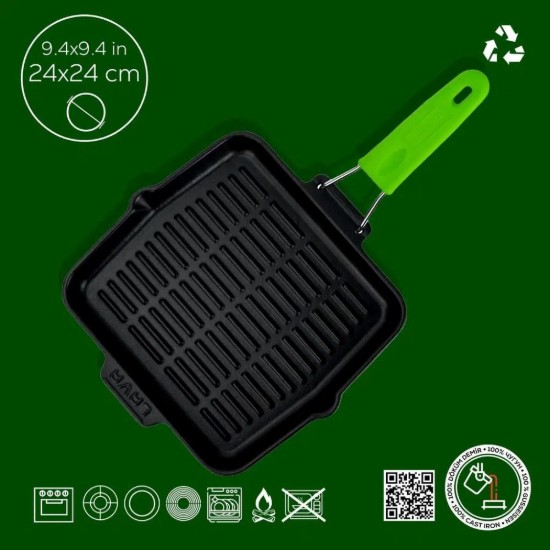 Tigaie gril patrata, fonta, 24x24 cm, maner Verde - LAVA