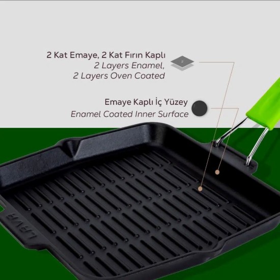 Tigaie gril patrata, fonta, 24x24 cm, maner Verde - LAVA