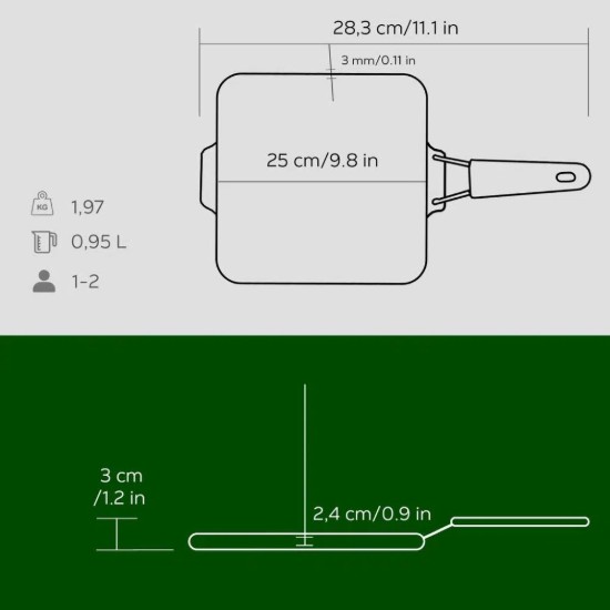 Tigaie grill patrata, fonta, 24x24 cm, maner Verde - LAVA