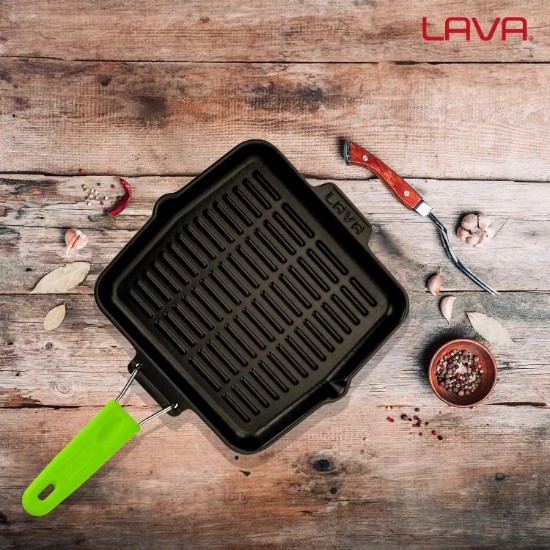 Tigaie grill patrata, fonta, 24x24 cm, maner Verde - LAVA