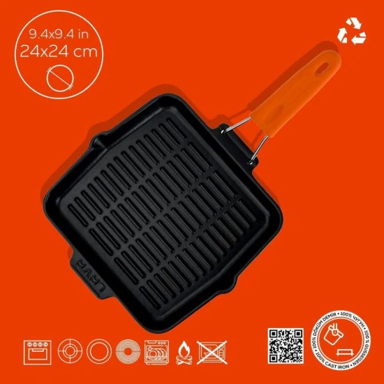 Tigaie grill patrata, fonta, 24x24 cm, maner Portocaliu - LAVA