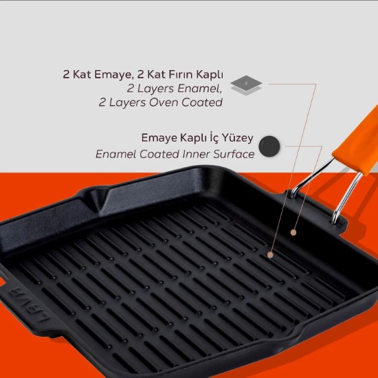 Tigaie grill patrata, fonta, 24x24 cm, maner Portocaliu - LAVA