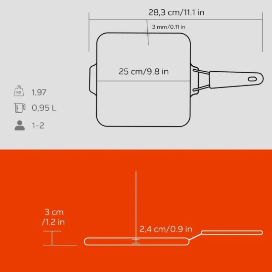 Tigaie grill patrata, fonta, 24x24 cm, maner Portocaliu - LAVA