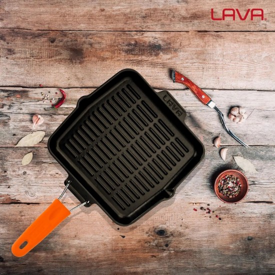 Tigaie grill patrata, fonta, 24x24 cm, maner Portocaliu - LAVA