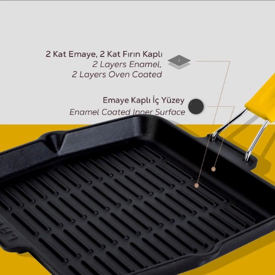 Tigaie grill patrata, fonta, 24x24 cm, maner Galben - LAVA