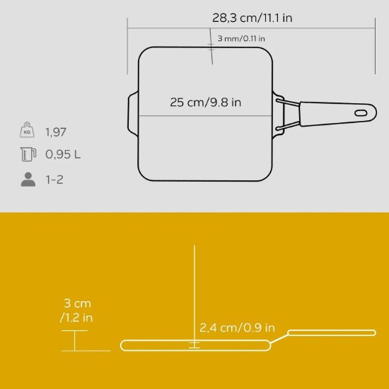 Tigaie grill patrata, fonta, 24x24 cm, maner Galben - LAVA
