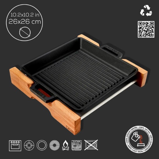 Tava grill, 26 x 26 cm, cu suport din lemn - LAVA