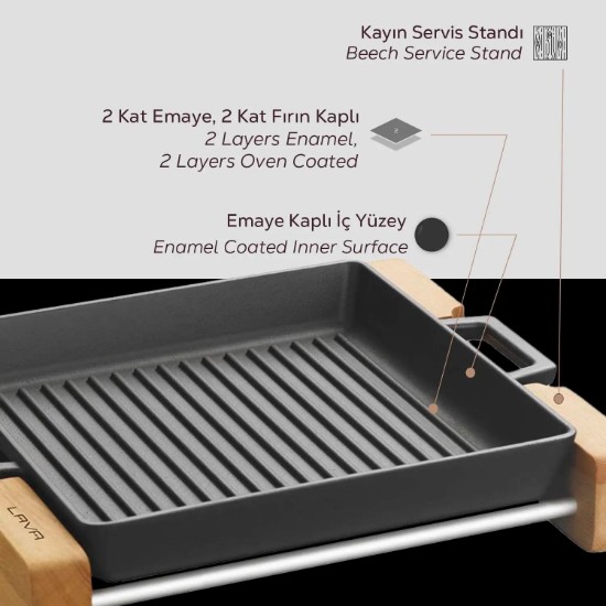 Tava grill, 26 x 26 cm, cu suport din lemn - LAVA