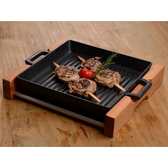 Tava grill, 26 x 26 cm, cu suport din lemn - LAVA
