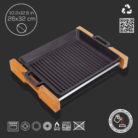 Tava grill fonta, 26 x 32 cm, cu suport din lemn - LAVA