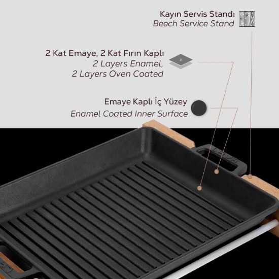 Tava grill fonta, 32 x 26 cm, cu suport din lemn - LAVA