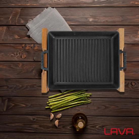 Tava grill fonta, 26 x 32 cm, cu suport din lemn - LAVA