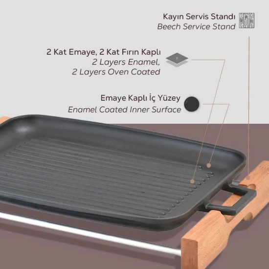 Grill fonta, 41,5 x 30 cm, cu suport din lemn - LAVA