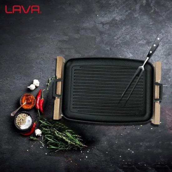 Grill fonta, 41,5 x 30 cm, cu suport din lemn - LAVA