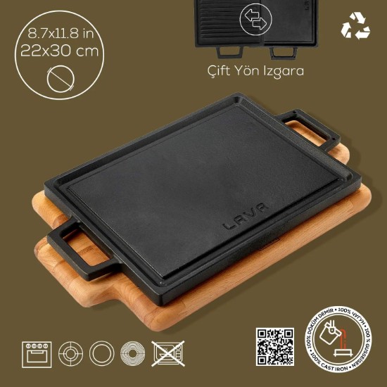 Grill fonta, 28,7 x 20,7 cm, cu suport din lemn - LAVA