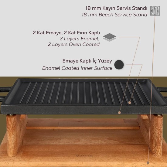 Grill fonta, 28,7 x 20,7 cm, cu suport din lemn - LAVA