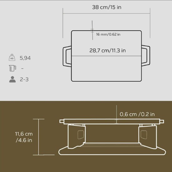 Grill fonta, 28,7 x 20,7 cm, cu suport din lemn - LAVA
