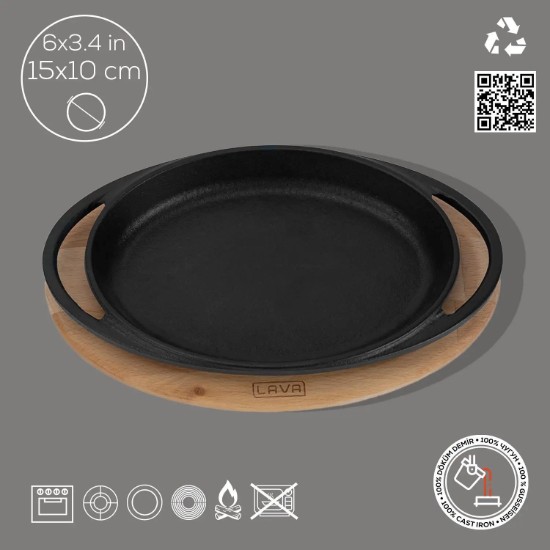 Tava ovala fonta, 15 x 10 cm, cu suport lemn - LAVA
