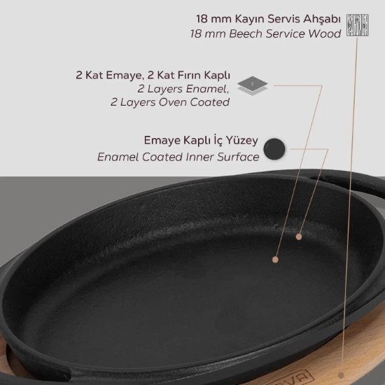 Tava ovala fonta, 15 x 10 cm, cu suport lemn - LAVA