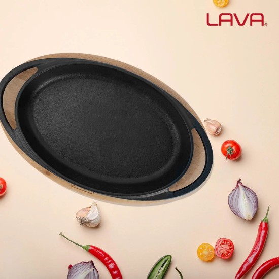 Tava ovala fonta, 15 x 10 cm, cu suport lemn - LAVA