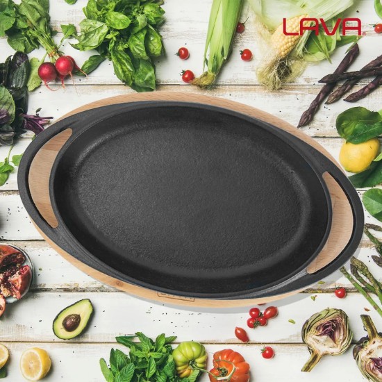 Tava ovala fonta, 21 x 14 cm, cu suport lemn - LAVA