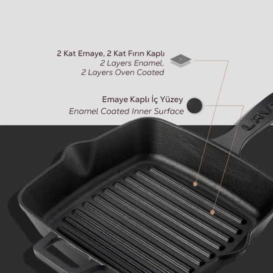 Tigaie grill patrata, fonta, 19,5 x 19,5 cm - LAVA