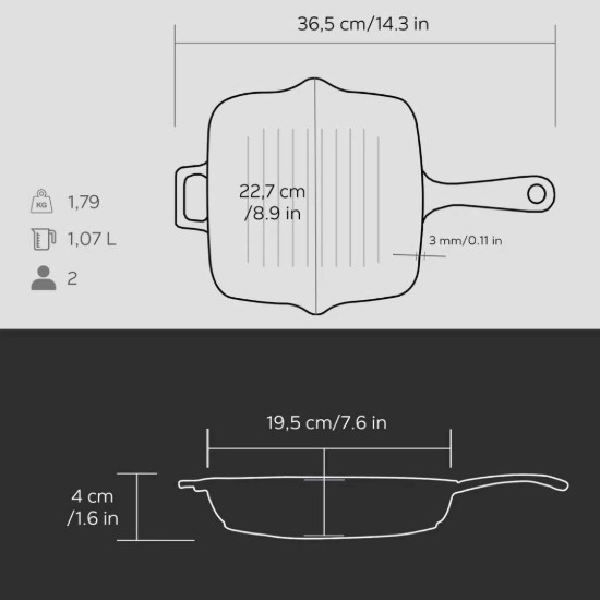 Tigaie grill patrata, fonta, 19,5 x 19,5 cm - LAVA