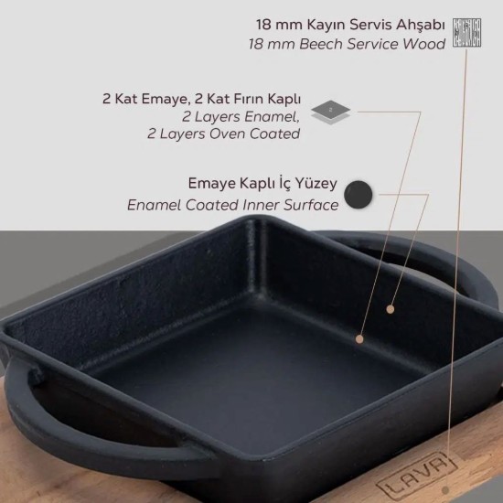 Tava fonta, 12 x 12 cm, cu suport din lemn - LAVA