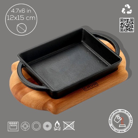 Tava fonta, 12 x 15 cm, cu suport lemn - LAVA