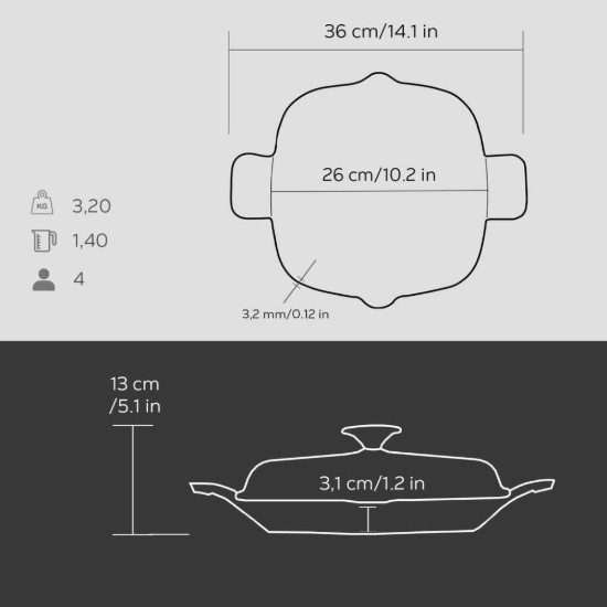 Tigaie fonta, cu capac, 26 x 26 cm, "Glaze", Negru - LAVA