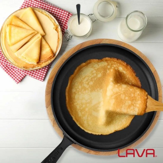 Tigaie clatite, fonta, 26cm, cu suport din lemn - LAVA