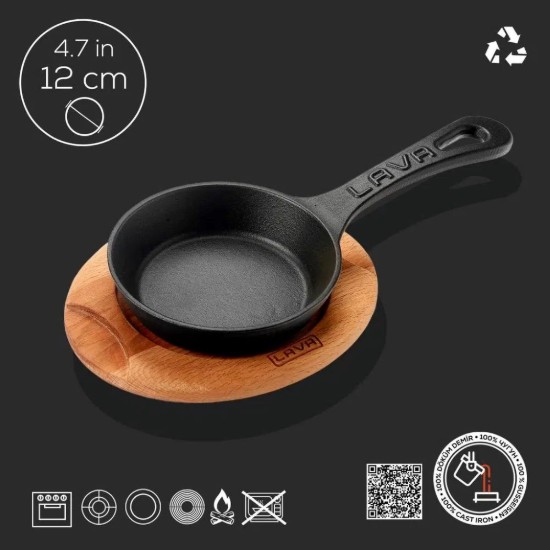 Tigaie fonta, 12 cm, cu suport lemn - LAVA
