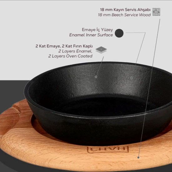 Tigaie fonta, 12 cm, cu suport lemn - LAVA