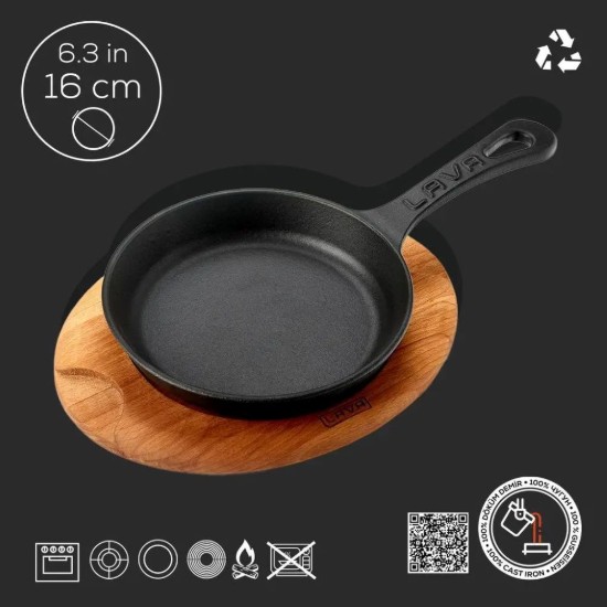 Tigaie fonta, 16 cm, cu suport lemn - LAVA